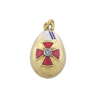 Faberge Antique Gold Enamel Diamond Red Cross Egg Pendant Charm