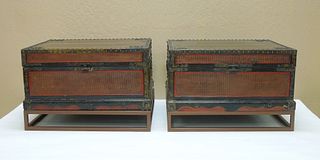 Pair of Chinese Lacquer & Bamboo Boxes on Stands.