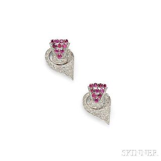 Pair of Platinum, Ruby, and Diamond Dress Clips
