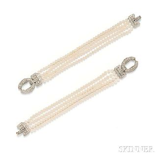 Pair of Art Deco Platinum, Diamond, and Cultured Pearl Bracelets