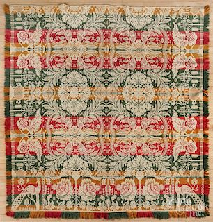 Red, green, and yellow jacquard coverlet, mid 19th c., 83'' x 80''.