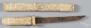Japanese kitana blade with a carved ivory scabbard, late 19th c., 15 1/2'' l.