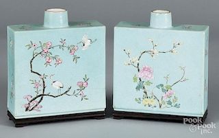 Pair of Chinese turquoise ground porcelain bottles, probably Republic period, 7 1/2'' h.