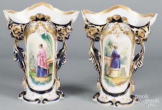 Pair of Paris porcelain spill vases, 19th c., with portrait decoration, 13 3/4'' h.