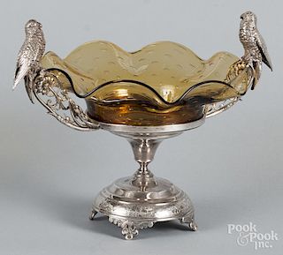 Silver-plate and amber glass centerpiece with bird handles, 10'' h., 13 1/2'' w.