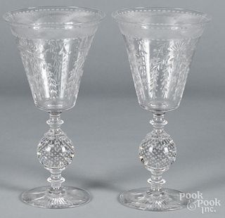 Pair of etched glass vases, probably Pairpoint, 12'' h.
