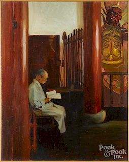Nancy Adler (American 20th/21st c.), oil on board of a Chinese man reading, 30'' x 23 3/4''.