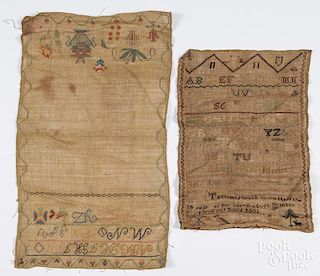 Two silk on linen samplers, one dated 1801, 14'' x 10'' and 20'' x 12''.