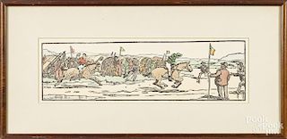 Jack Yeats, two block print horse racing scenes, 5'' x 16 3/4''.