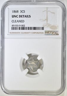 1868 3 CENT SILVER NGC UNC DETAILS CLEANED
