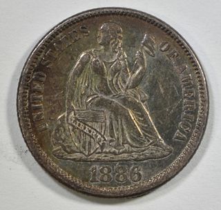 1886 SEATED LIBERTY DIME AU