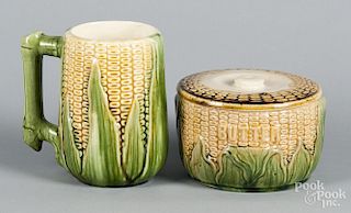 Majolica corn mug, 5 3/4'' h., together with a covered bowl, 3 1/2'' h.