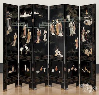 Chinese painted lacquer six-part folding screen, 72 1/2'' x 96''.
