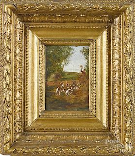 French oil on panel fox hunting scene, 19th c., signed Pasc d'___ indistinctly lower right