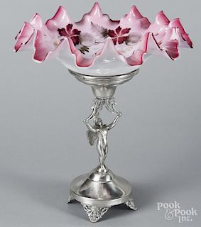 Silver-plate and ruffled glass centerpiece, 14'' h., 12'' w.