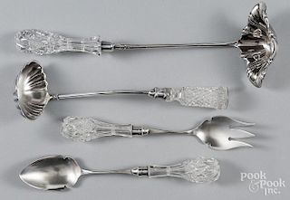 Four silver-plate and cut glass serving utensils, longest - 16 1/2''.