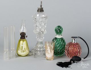 Glassware, to include a sandwich oil lamp, a Murano atomizer, etc., tallest - 12''.