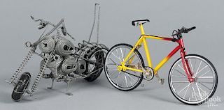 Miniature wire motorcycle, 5 1/2'' h., together with a miniature mountain bike, 4 1/2'' h.