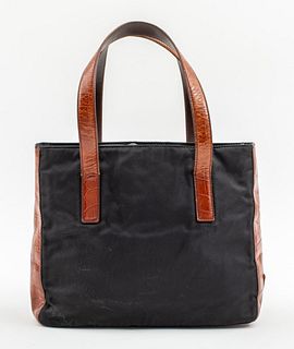 Prada Black Nylon With Brown Leather Handbag