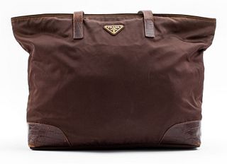 Prada Brown Nylon With Leather Printed Handbag