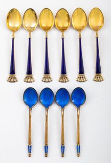 Danish Silver Gilt Blue Enamel Demitasse Spoons 10