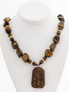 Carved Tiger's Eye 14K Gold Clasp Necklace