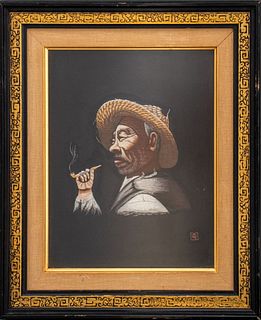 Chinese Embroidered Silk Portrait of a Smoking Man