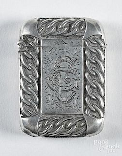 English silver match vesta safe, dated 1899, hallmarked JW, with a chain link border, 2'' h.