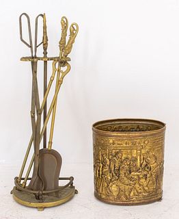 Gilt Brass Fireplace Tools & Brass Tinder Bucket