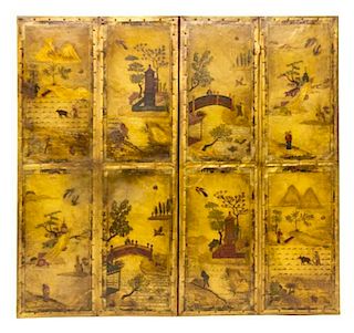 A Cream and Polychrome Decorated Leather Four-Fold Screen Height 69 3/4 x width 18 1/4 inches.