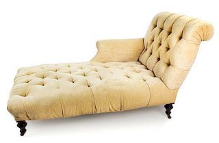A Victorian Style Stained Mahogany and Upholstered Chaise Longue Length 72 inches.