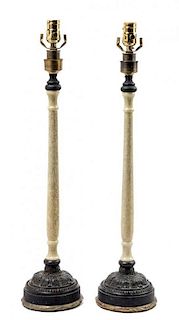 A Pair of Faux Ivory Columnar Form Table Lamps Height 23 inches.