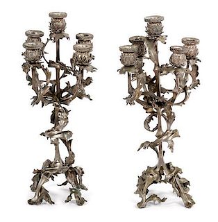 A Pair of Silvered-Metal Five-Light Candelabra Height 21 inches.