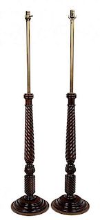 A Pair of Regency Style Mahogany and Brass Standing Lamps Height 68 inches.
