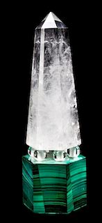 A Rock Crystal Obelisk Mounted on a Malachite Base Height 12 3/4 inches.