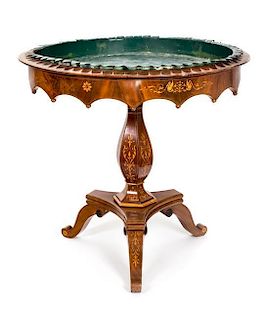A German Mahogany and Marquetry Jardinière Height 32 x diameter 33 inches.