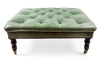 A Victorian Button-Tufted Stamped Green Leather Upholstered Bench Height 16 x width 32 1/2 x depth 38 1/2 inches.