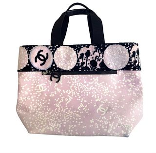 CHANEL Terry Cotton Canvas Printed Large CC Tote Beach Pale Pink & Black Bag
