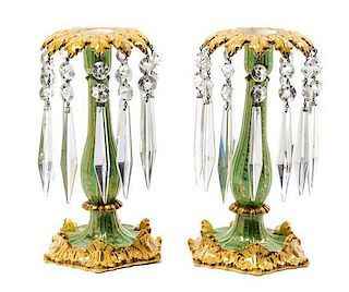 A Pair of English Parcel-Gilt and Green-Painted Cut-Glass and Porcelain Lustres Height 9 1/2 inches.