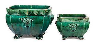 Two Green Porcelain Jardinières Height of taller 11 inches.