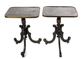 A Pair of Regency Green and Polychrome-Japanned Occasional Tables Height 24 3/4 x width 18 1/2 inches.