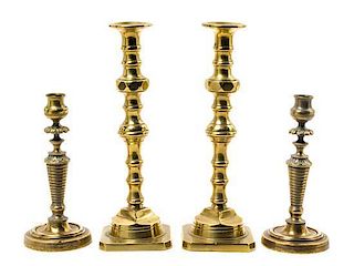Two Pairs of Brass Candlesticks Height of first 12 inches.