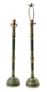 A Pair of Green and Gilt-Painted Candlestick Form Lamps Height 30 inches.