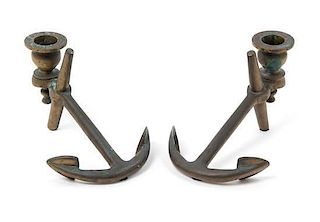 A Pair of Brass Anchor-Form Candlesticks Height of hurricane shades 14 1/4 inches.