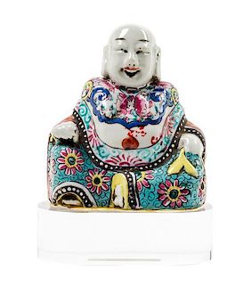 A Chinese Export Famille Rose Porcelain Figure of a Seated Buddha Height 6 inches.