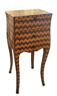 An Italian Rococo Style Fruitwood Parquetry Side Table Height 31 1/4 x width 12 x depth 12 inches.