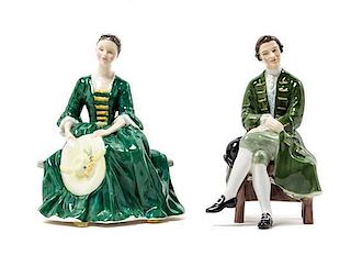 A Pair of Royal Doulton Williamsburg Porcelain Figures Height of taller 6 3/8 inches.