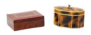 Two Inlaid Wood Covered Boxes Length of larger 7 inches.