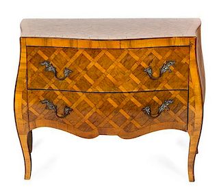 An Italian Fruitwood Marquetry Commode Height 29 1/2 x width 34 x depth 17 inches.