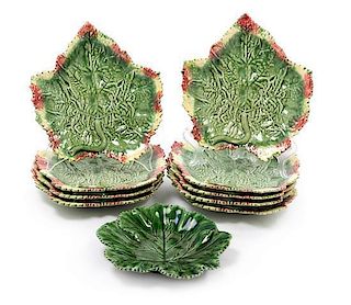 Ten Portuguese Majolica Maple Leaf Form Dishes Length of longest 9 1/2 inches.